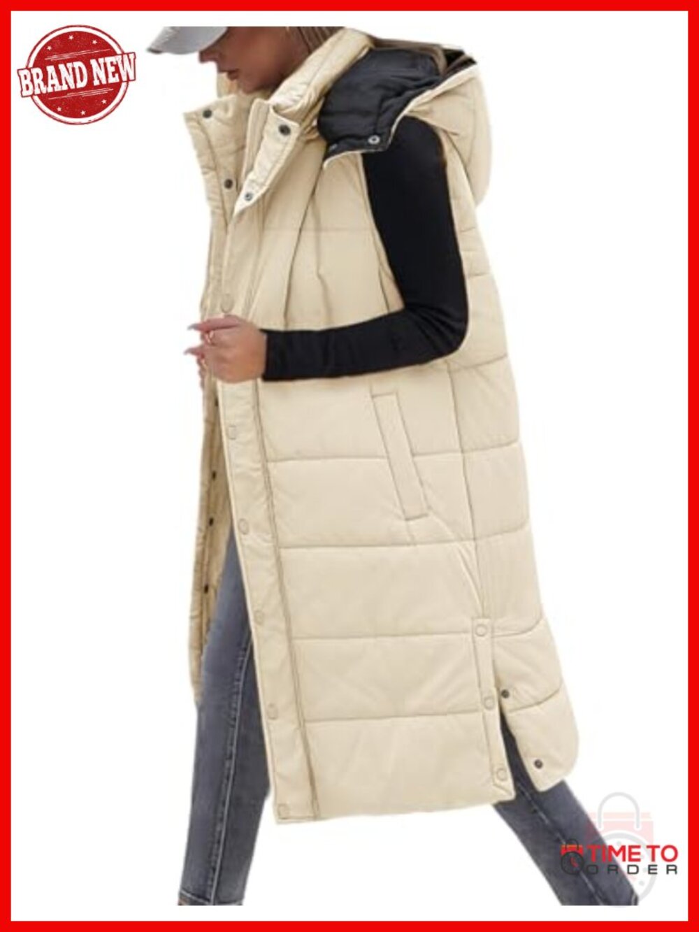 Women's Long Puffer Vest Sleeveless Jacket with Removable Hood Quilted Casual